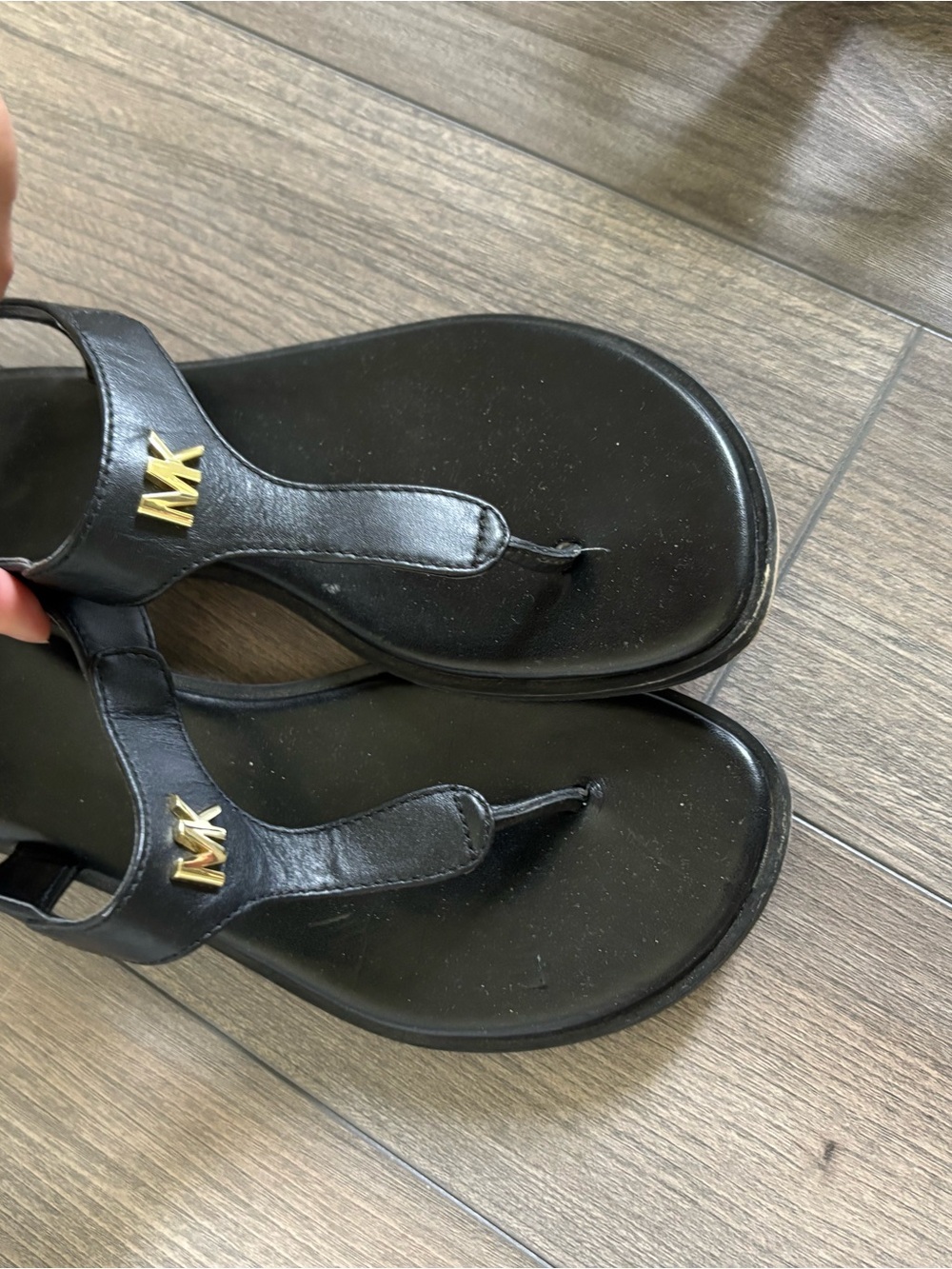 Michael Kors Black Leather Thong Sandals with Gold MK Accent